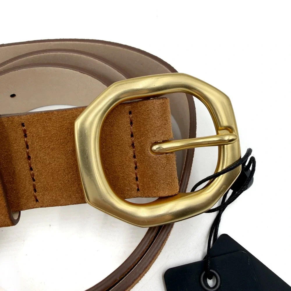 Rag & Bone Audrey Belt Pecan Brown Suede Gold Octagon Buckle Womens Sz M